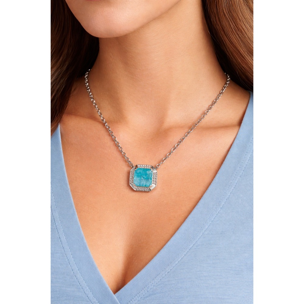 ILB Druzy Quartz Pendant Necklace Blue Silver Tone Pave Halo Statement